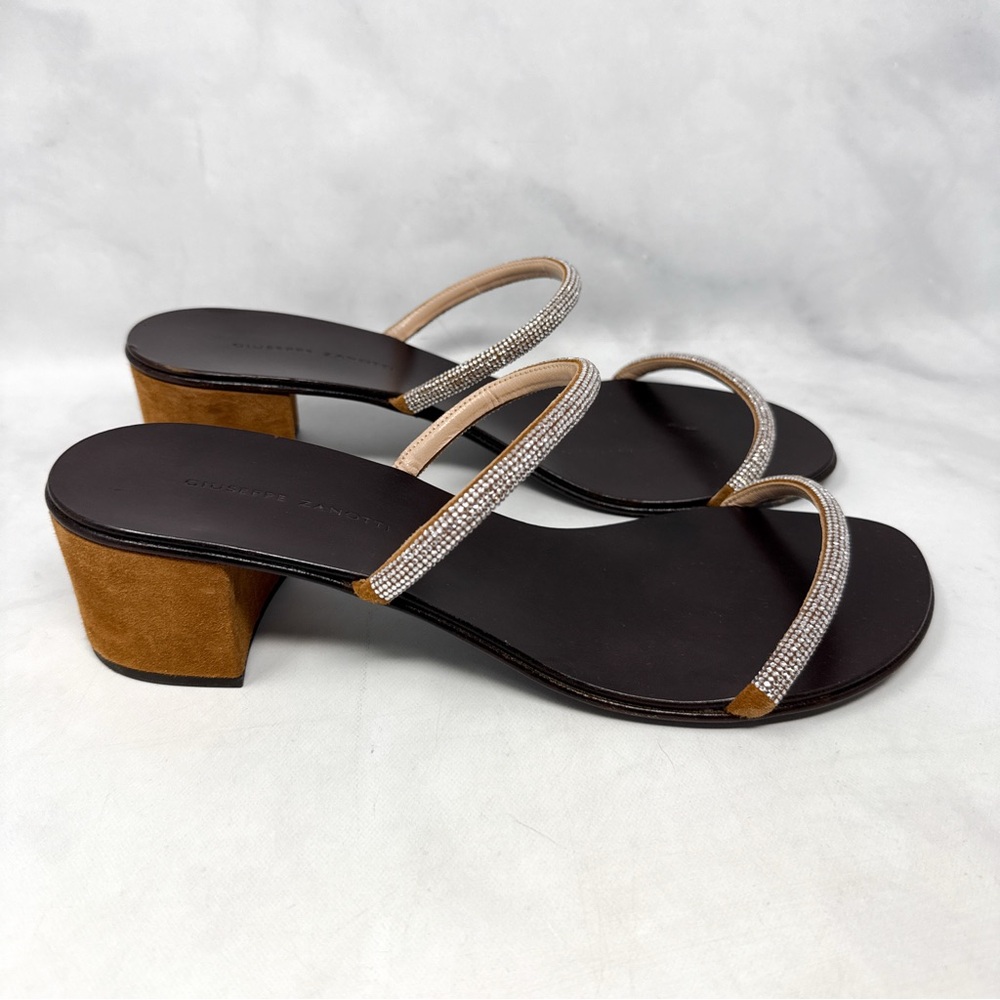Giuseppe Zanotti Suede Rhinestone Minimalist Mule Sandal Heels Brown 40